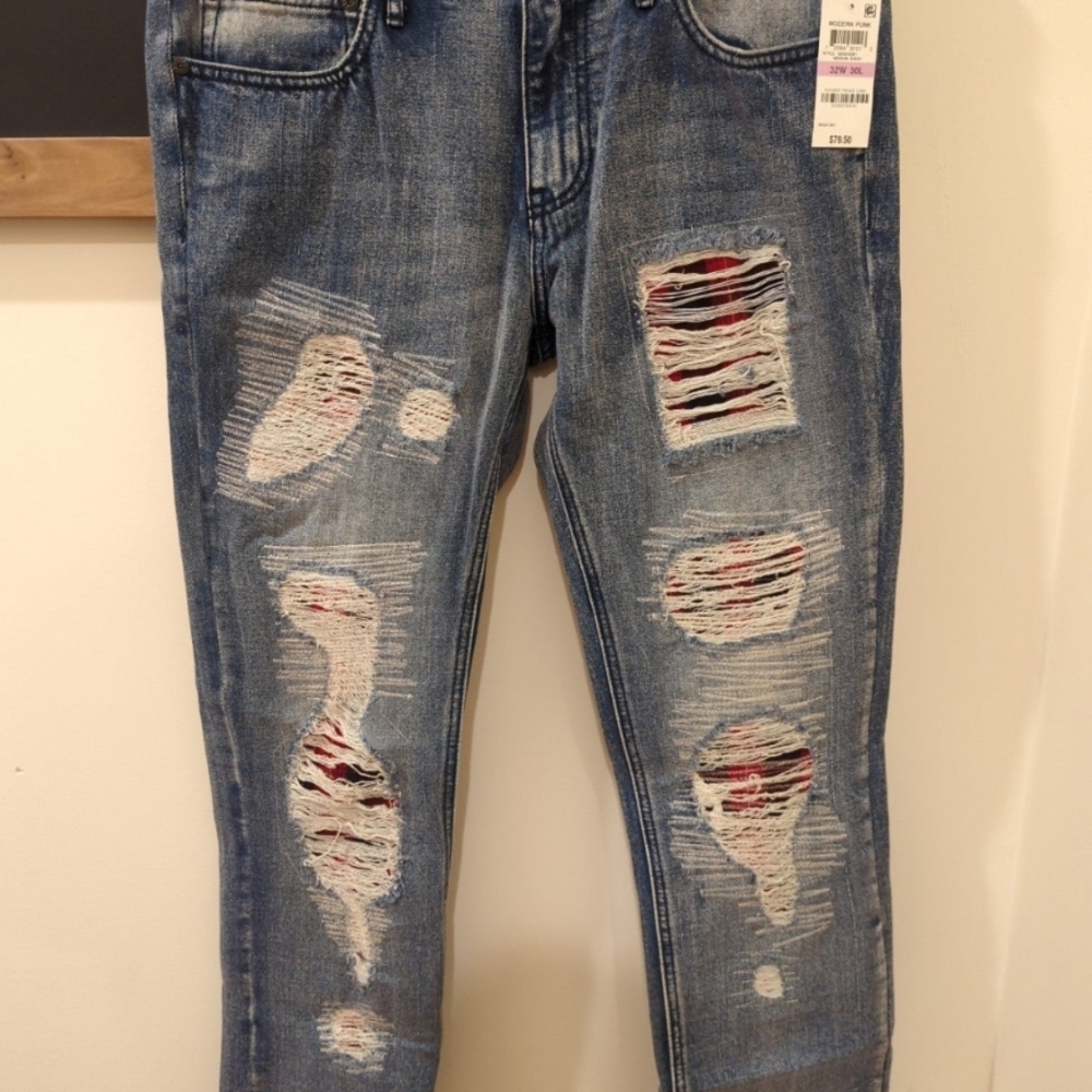 INC International Concepts Blue Skinny Jeans with Red Patch Distressing